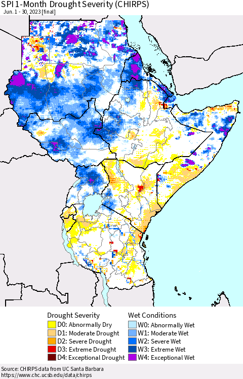 Eastern Africa SPI 1-Month Drought Severity (CHIRPS) Thematic Map For 6/1/2023 - 6/30/2023