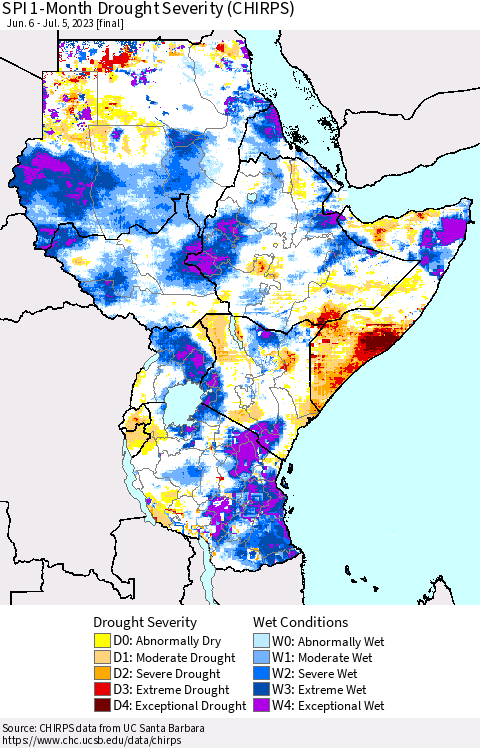 Eastern Africa SPI 1-Month Drought Severity (CHIRPS) Thematic Map For 6/6/2023 - 7/5/2023