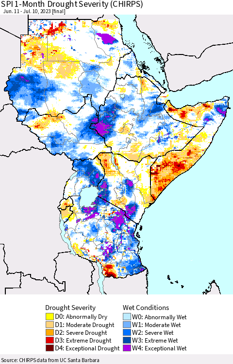 Eastern Africa SPI 1-Month Drought Severity (CHIRPS) Thematic Map For 6/11/2023 - 7/10/2023
