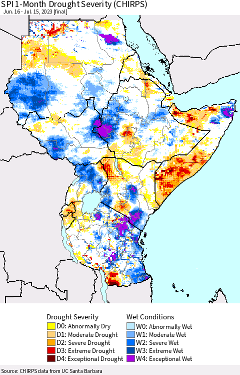 Eastern Africa SPI 1-Month Drought Severity (CHIRPS) Thematic Map For 6/16/2023 - 7/15/2023
