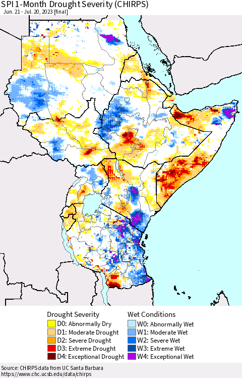 Eastern Africa SPI 1-Month Drought Severity (CHIRPS) Thematic Map For 6/21/2023 - 7/20/2023