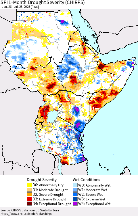 Eastern Africa SPI 1-Month Drought Severity (CHIRPS) Thematic Map For 6/26/2023 - 7/25/2023