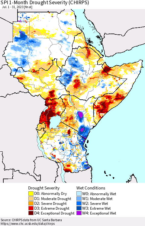 Eastern Africa SPI 1-Month Drought Severity (CHIRPS) Thematic Map For 7/1/2023 - 7/31/2023