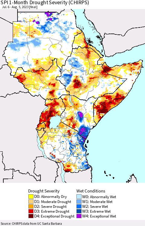 Eastern Africa SPI 1-Month Drought Severity (CHIRPS) Thematic Map For 7/6/2023 - 8/5/2023