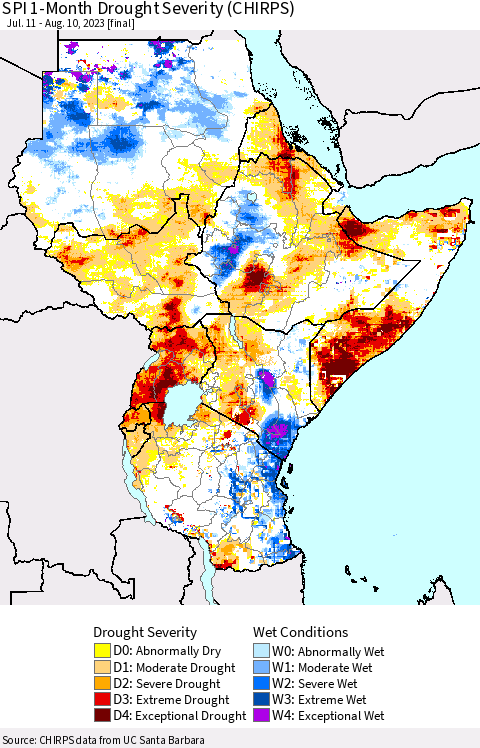 Eastern Africa SPI 1-Month Drought Severity (CHIRPS) Thematic Map For 7/11/2023 - 8/10/2023
