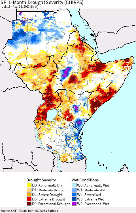 Eastern Africa SPI 1-Month Drought Severity (CHIRPS) Thematic Map For 7/16/2023 - 8/15/2023