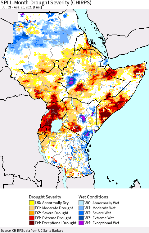 Eastern Africa SPI 1-Month Drought Severity (CHIRPS) Thematic Map For 7/21/2023 - 8/20/2023