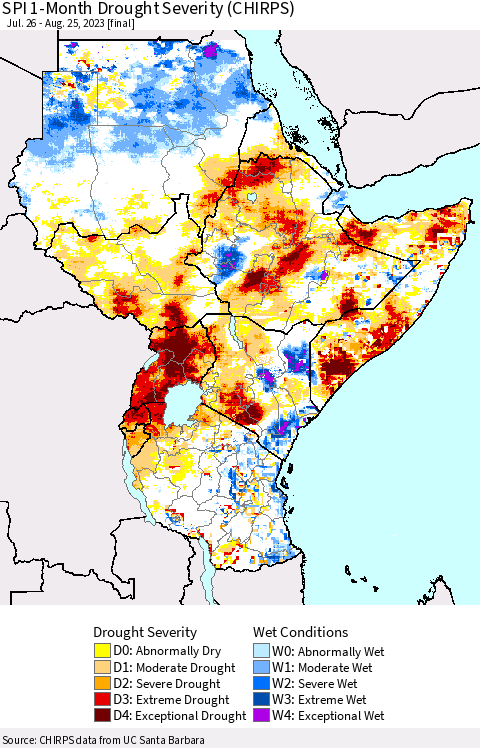 Eastern Africa SPI 1-Month Drought Severity (CHIRPS) Thematic Map For 7/26/2023 - 8/25/2023