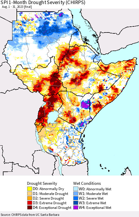Eastern Africa SPI 1-Month Drought Severity (CHIRPS) Thematic Map For 8/1/2023 - 8/31/2023