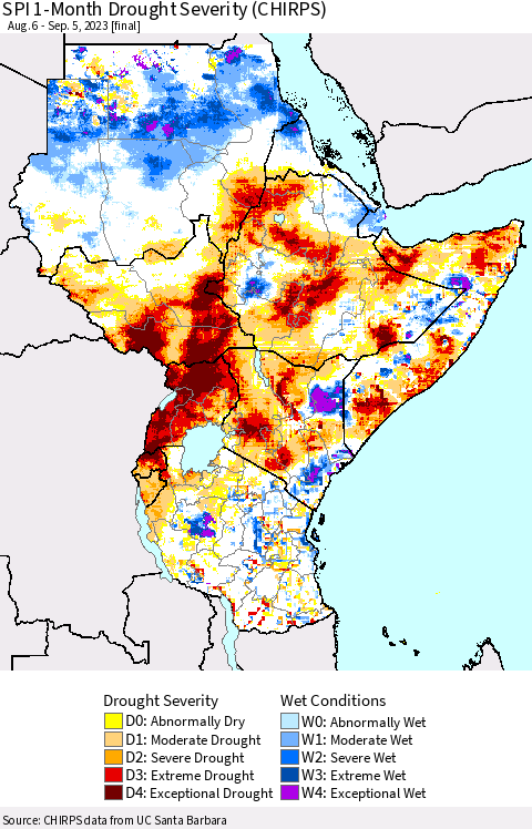 Eastern Africa SPI 1-Month Drought Severity (CHIRPS) Thematic Map For 8/6/2023 - 9/5/2023