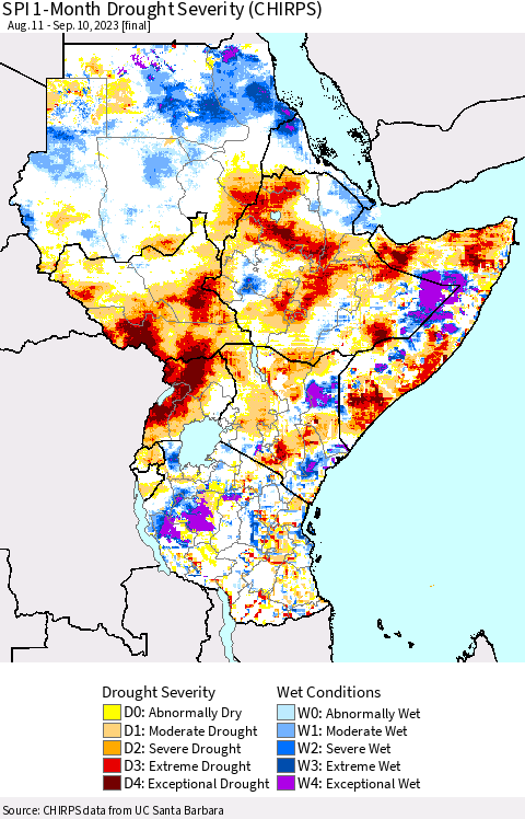 Eastern Africa SPI 1-Month Drought Severity (CHIRPS) Thematic Map For 8/11/2023 - 9/10/2023