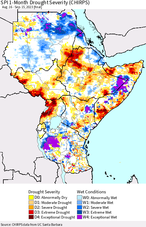 Eastern Africa SPI 1-Month Drought Severity (CHIRPS) Thematic Map For 8/16/2023 - 9/15/2023