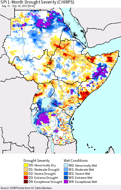 Eastern Africa SPI 1-Month Drought Severity (CHIRPS) Thematic Map For 8/21/2023 - 9/20/2023