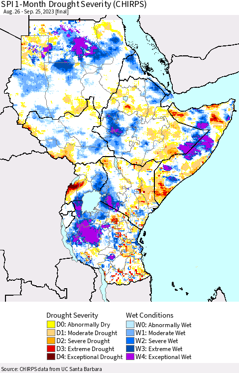 Eastern Africa SPI 1-Month Drought Severity (CHIRPS) Thematic Map For 8/26/2023 - 9/25/2023