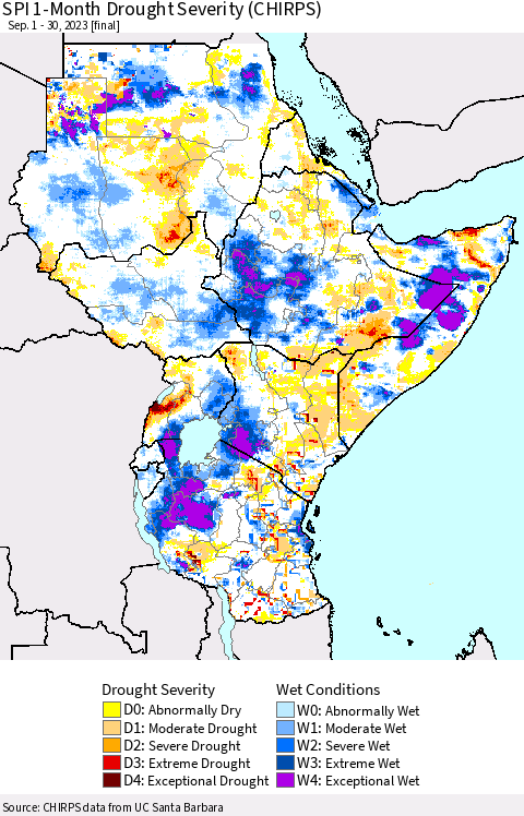 Eastern Africa SPI 1-Month Drought Severity (CHIRPS) Thematic Map For 9/1/2023 - 9/30/2023