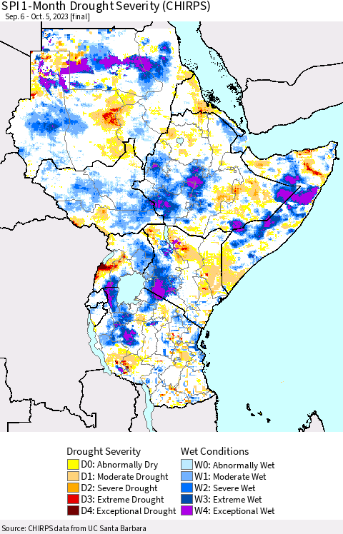 Eastern Africa SPI 1-Month Drought Severity (CHIRPS) Thematic Map For 9/6/2023 - 10/5/2023