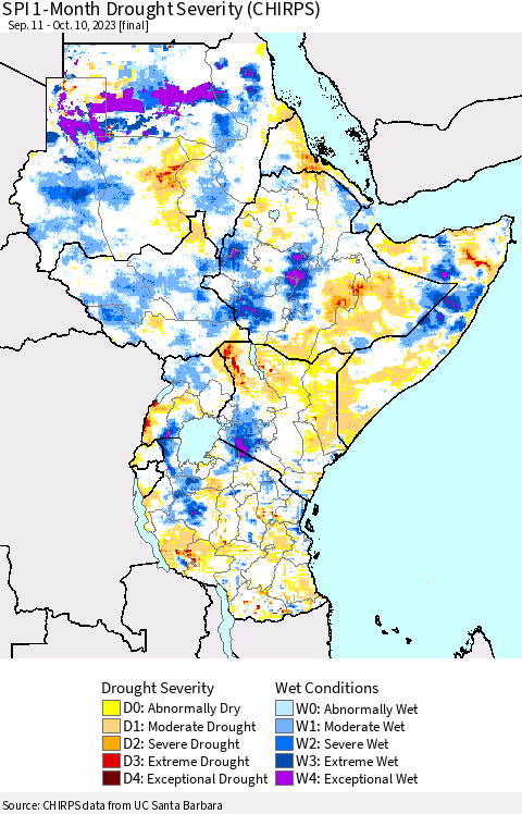 Eastern Africa SPI 1-Month Drought Severity (CHIRPS) Thematic Map For 9/11/2023 - 10/10/2023