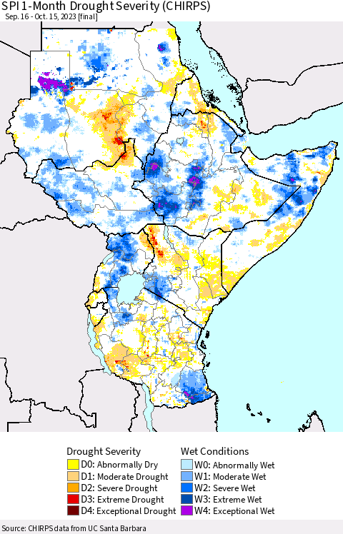 Eastern Africa SPI 1-Month Drought Severity (CHIRPS) Thematic Map For 9/16/2023 - 10/15/2023