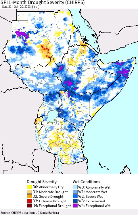 Eastern Africa SPI 1-Month Drought Severity (CHIRPS) Thematic Map For 9/21/2023 - 10/20/2023