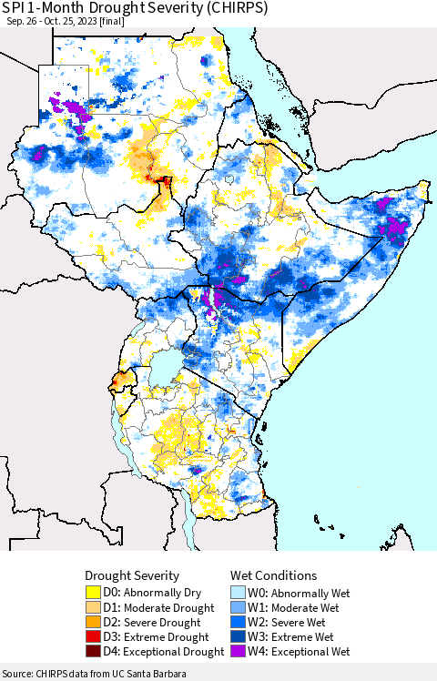 Eastern Africa SPI 1-Month Drought Severity (CHIRPS) Thematic Map For 9/26/2023 - 10/25/2023