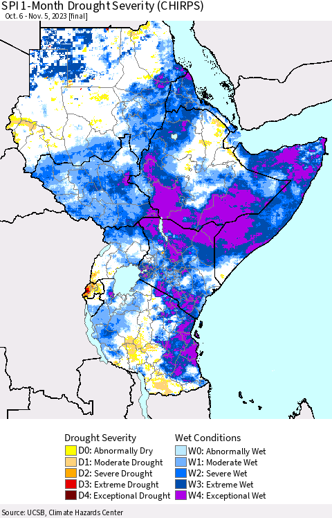 Eastern Africa SPI 1-Month Drought Severity (CHIRPS) Thematic Map For 10/6/2023 - 11/5/2023