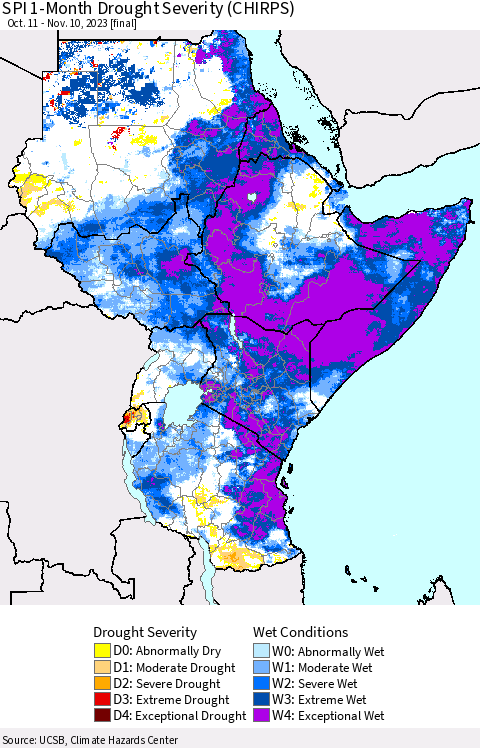 Eastern Africa SPI 1-Month Drought Severity (CHIRPS) Thematic Map For 10/11/2023 - 11/10/2023