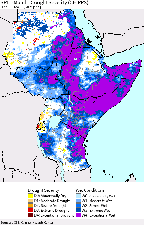 Eastern Africa SPI 1-Month Drought Severity (CHIRPS) Thematic Map For 10/16/2023 - 11/15/2023