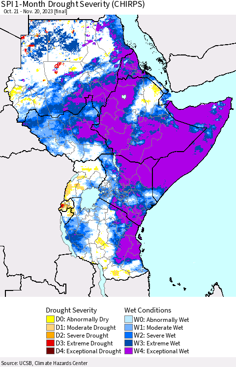 Eastern Africa SPI 1-Month Drought Severity (CHIRPS) Thematic Map For 10/21/2023 - 11/20/2023