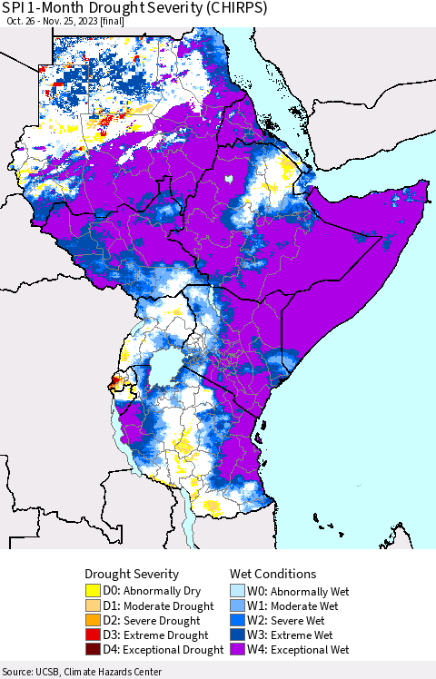 Eastern Africa SPI 1-Month Drought Severity (CHIRPS) Thematic Map For 10/26/2023 - 11/25/2023