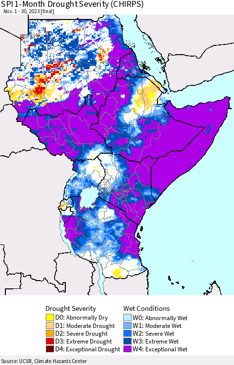 Eastern Africa SPI 1-Month Drought Severity (CHIRPS) Thematic Map For 11/1/2023 - 11/30/2023