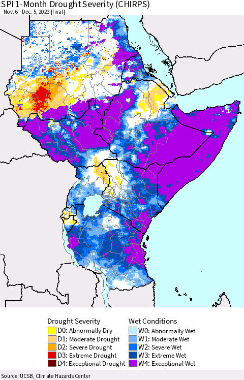 Eastern Africa SPI 1-Month Drought Severity (CHIRPS) Thematic Map For 11/6/2023 - 12/5/2023