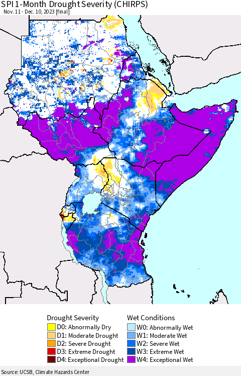 Eastern Africa SPI 1-Month Drought Severity (CHIRPS) Thematic Map For 11/11/2023 - 12/10/2023