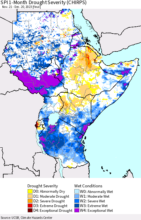 Eastern Africa SPI 1-Month Drought Severity (CHIRPS) Thematic Map For 11/21/2023 - 12/20/2023