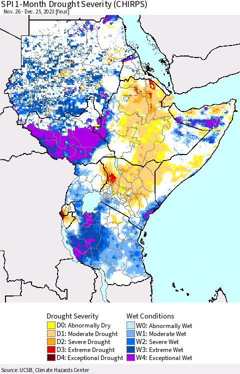 Eastern Africa SPI 1-Month Drought Severity (CHIRPS) Thematic Map For 11/26/2023 - 12/25/2023