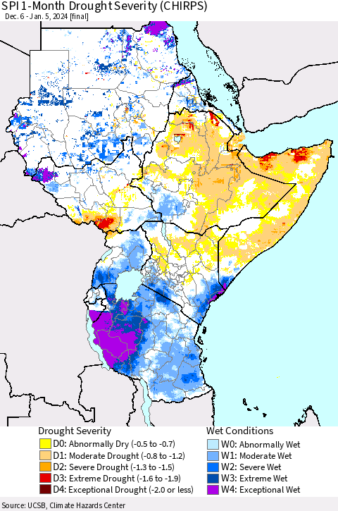 Eastern Africa SPI 1-Month Drought Severity (CHIRPS) Thematic Map For 12/6/2023 - 1/5/2024