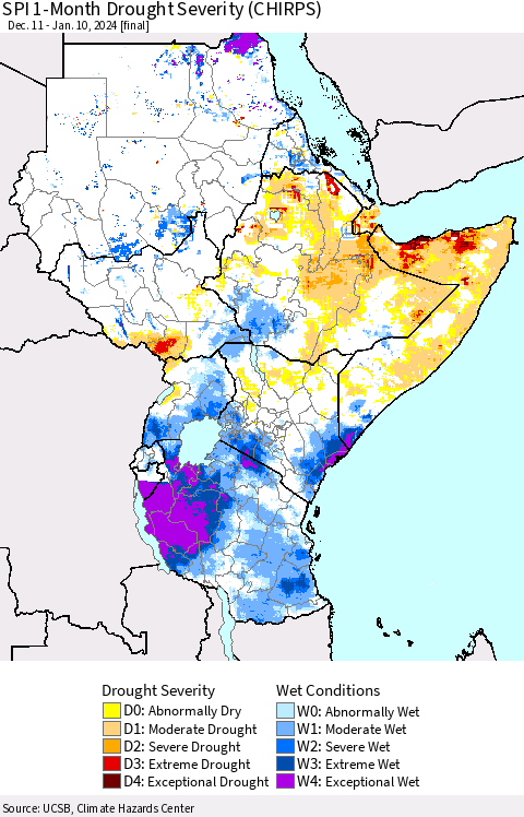 Eastern Africa SPI 1-Month Drought Severity (CHIRPS) Thematic Map For 12/11/2023 - 1/10/2024
