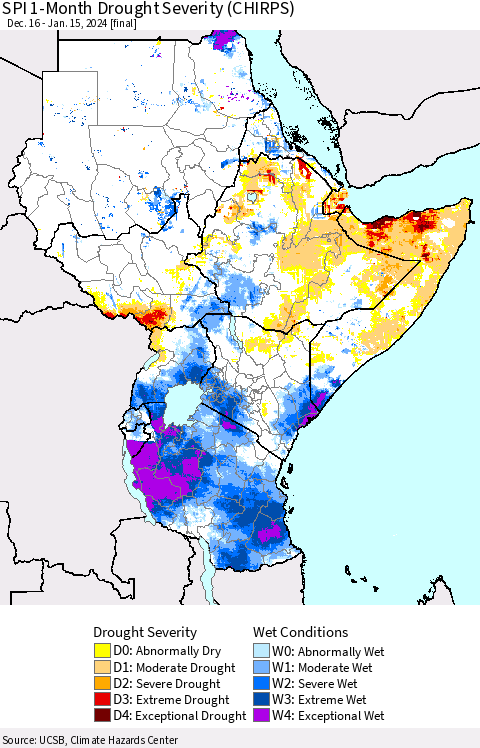 Eastern Africa SPI 1-Month Drought Severity (CHIRPS) Thematic Map For 12/16/2023 - 1/15/2024