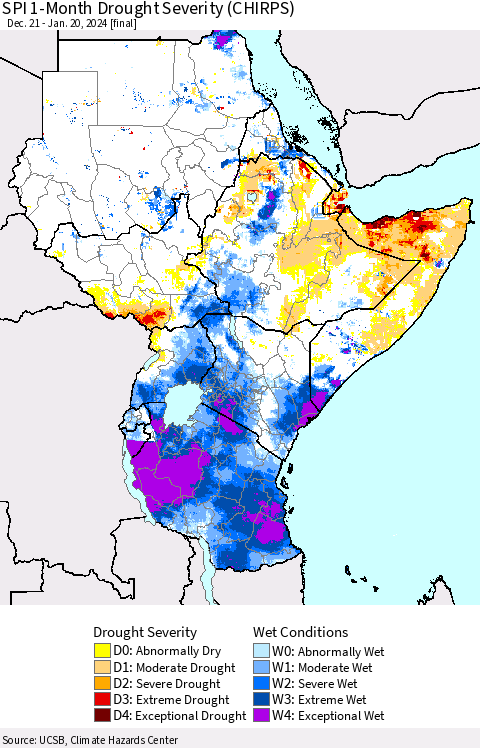 Eastern Africa SPI 1-Month Drought Severity (CHIRPS) Thematic Map For 12/21/2023 - 1/20/2024