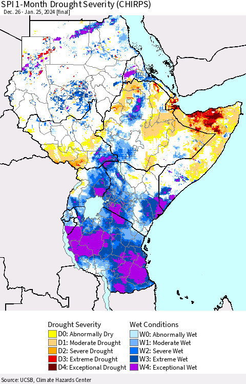 Eastern Africa SPI 1-Month Drought Severity (CHIRPS) Thematic Map For 12/26/2023 - 1/25/2024