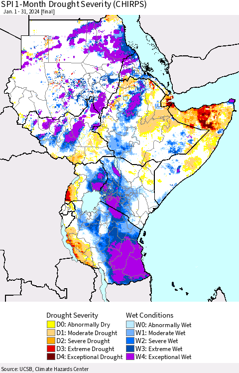 Eastern Africa SPI 1-Month Drought Severity (CHIRPS) Thematic Map For 1/1/2024 - 1/31/2024