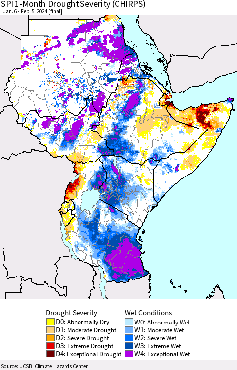 Eastern Africa SPI 1-Month Drought Severity (CHIRPS) Thematic Map For 1/6/2024 - 2/5/2024