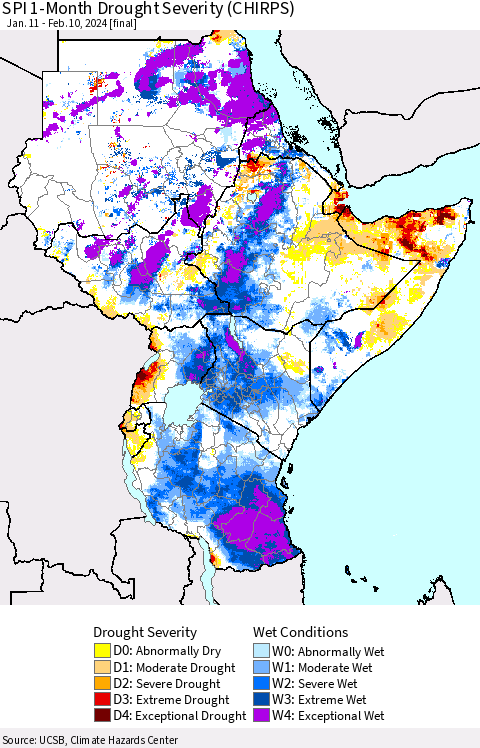 Eastern Africa SPI 1-Month Drought Severity (CHIRPS) Thematic Map For 1/11/2024 - 2/10/2024