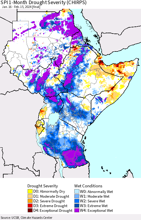 Eastern Africa SPI 1-Month Drought Severity (CHIRPS) Thematic Map For 1/16/2024 - 2/15/2024