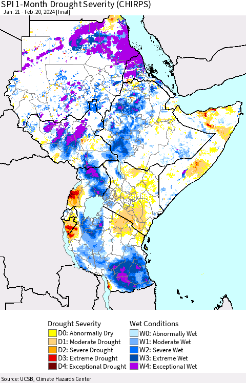 Eastern Africa SPI 1-Month Drought Severity (CHIRPS) Thematic Map For 1/21/2024 - 2/20/2024