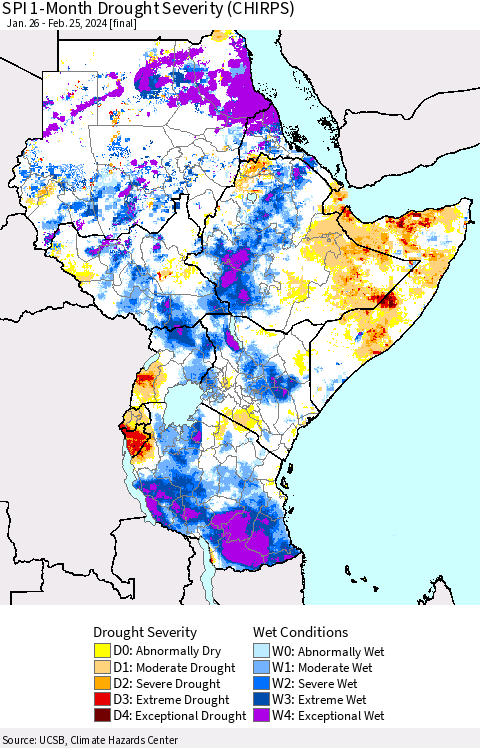 Eastern Africa SPI 1-Month Drought Severity (CHIRPS) Thematic Map For 1/26/2024 - 2/25/2024
