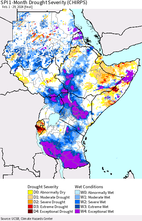 Eastern Africa SPI 1-Month Drought Severity (CHIRPS) Thematic Map For 2/1/2024 - 2/29/2024