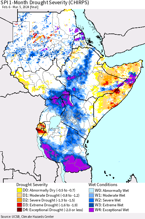 Eastern Africa SPI 1-Month Drought Severity (CHIRPS) Thematic Map For 2/6/2024 - 3/5/2024