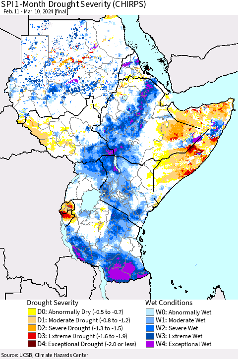 Eastern Africa SPI 1-Month Drought Severity (CHIRPS) Thematic Map For 2/11/2024 - 3/10/2024