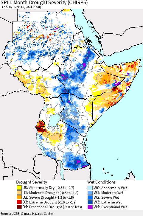 Eastern Africa SPI 1-Month Drought Severity (CHIRPS) Thematic Map For 2/16/2024 - 3/15/2024