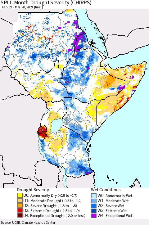 Eastern Africa SPI 1-Month Drought Severity (CHIRPS) Thematic Map For 2/21/2024 - 3/20/2024